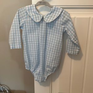 TBBC Peter Pan collared onesie blue gingham EUC 12-18m